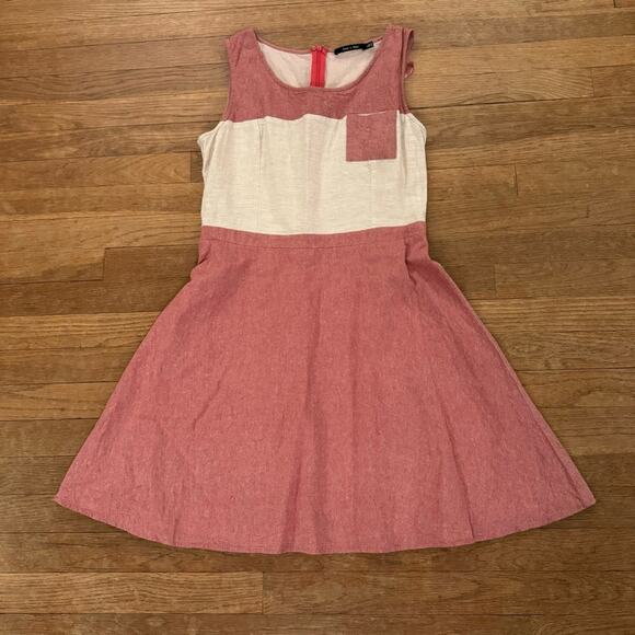 Doe & Rae Persian red beige sleeveless knee length a-line dress size large L b21 - Picture 1 of 5